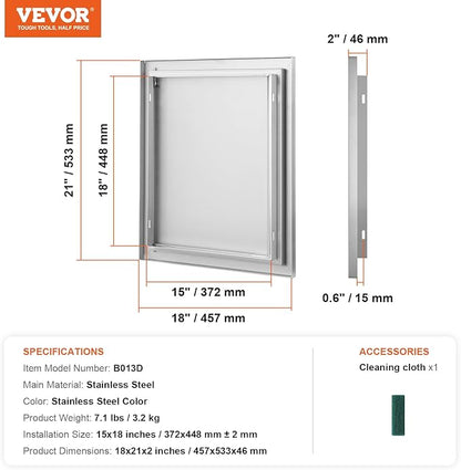 VEVOR Outdoor BBQ Kitchen Door, 18W x 21H Inch Stainless Steel Flush Mount Vertical Door with Recessed Handle, for BBQ Island, Grilling Station, Outside Cabinet