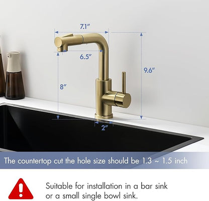 GIMILI Modern Bar Sink Faucet for Kitchen Sink Single Handle with Pull Out Sprayer Hot and Cold Prep Sink Faucet Brushed Gold