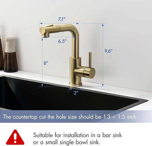 GIMILI Modern Bar Sink Faucet for Kitchen Sink Single Handle with Pull Out Sprayer Hot and Cold Prep Sink Faucet Brushed Gold