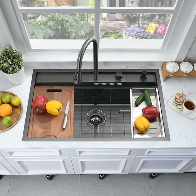 33 Inch Black Waterfall Drop In Kitchen Sink Workstation -Bokaiya 33x19 Black Stainless Steel Smart Sink with Faucet Combo 16 Gauge 10" Deep Top Mount Single Bowl Modern Kitchen Sink