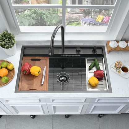 33 Inch Black Waterfall Drop In Kitchen Sink Workstation -Bokaiya 33x19 Black Stainless Steel Smart Sink with Faucet Combo 16 Gauge 10" Deep Top Mount Single Bowl Modern Kitchen Sink