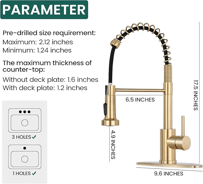 Kitchen Faucet with Pull Down Sprayer 1 Handle Pull Out Spring Sink Faucets 1 Hole Or 3 Hole Stainless Steel (Brush Gold)