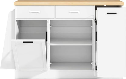 Multi-Functional Kitchen Sideboard with Trash Can Storage, Sliding Door Cabinet and 3-Tier Spice Rack, Kitchen Island Table with Drawers for Kitchen, Dining Room,WhiteParticleBoardMD