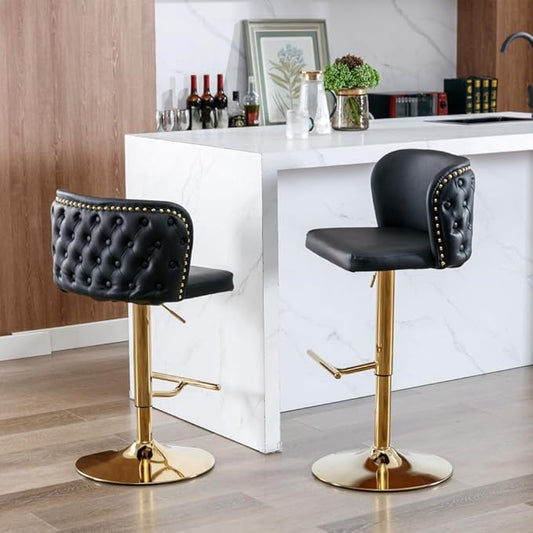 Modern Swivel Bar Stool with Adjustable Height and Tufted Backrest – PU Upholstered Dining Chair for Kitchen Island and Home Pub (Black + PU Leather + Foam)