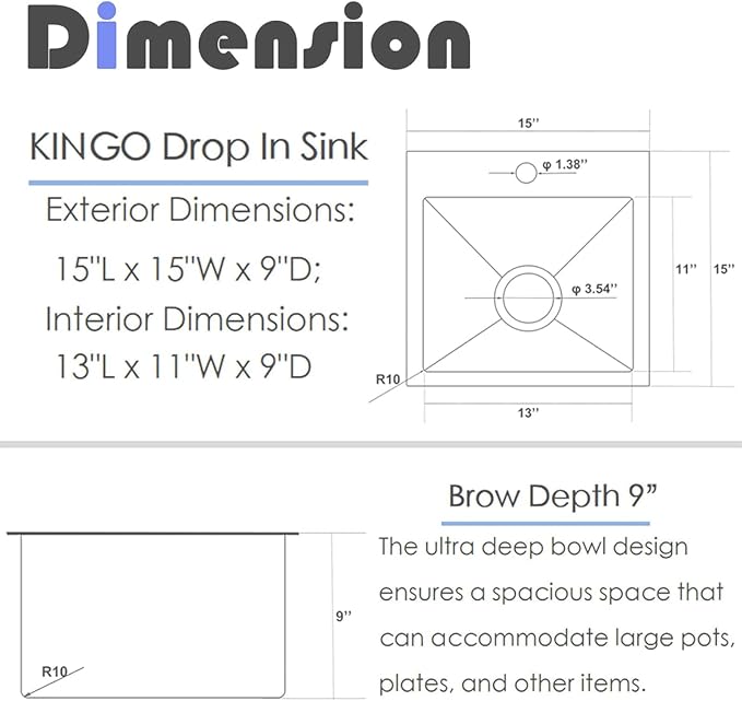KINGO HOME Drop In Bar Sink,15 x 15 Inch Topmount RV 16 Gauge Stainless Steel Single Bowl Small Kitchen Sink,Outdoor Handmade Stainless Steel Wet Bar Perp Sink with Drain