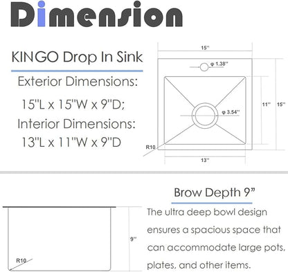 KINGO HOME Drop In Bar Sink,15 x 15 Inch Topmount RV 16 Gauge Stainless Steel Single Bowl Small Kitchen Sink,Outdoor Handmade Stainless Steel Wet Bar Perp Sink with Drain