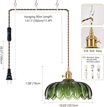 XZHGCEE Plug in Pendant Light Fixtures: Hanging Light Plug in Green Glass Hanging Lamp, Pendant Lighting for Kitchen Island, Bedroom, Dining Room, Living Room, E26 No Bulb