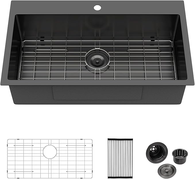 Logmey 33x19 Drop in Kitchen Sink Nano PVD Gunmetal Black Handmade Topmount Sinks 16 Gauge SUS304 Stainless Steel Single Bowl Sinks,Ideal for Home Cooking,Cleaning & Daily Kitchen Use,Noise Reduction
