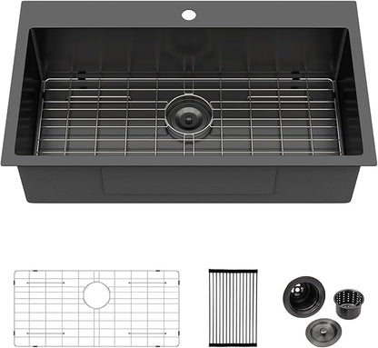 Logmey 33x19 Drop in Kitchen Sink Nano PVD Gunmetal Black Handmade Topmount Sinks 16 Gauge SUS304 Stainless Steel Single Bowl Sinks,Ideal for Home Cooking,Cleaning & Daily Kitchen Use,Noise Reduction
