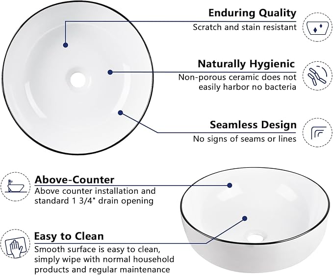DeerValley 16'' Round Vessel Sink, Bathroom Sinks Above Counter White Ceramic Bathroom Vessel Sinks, Porcelain Sink Bowl for Bathroom, White Body with Black Trim Vanity Sink Basin DV-1V0030