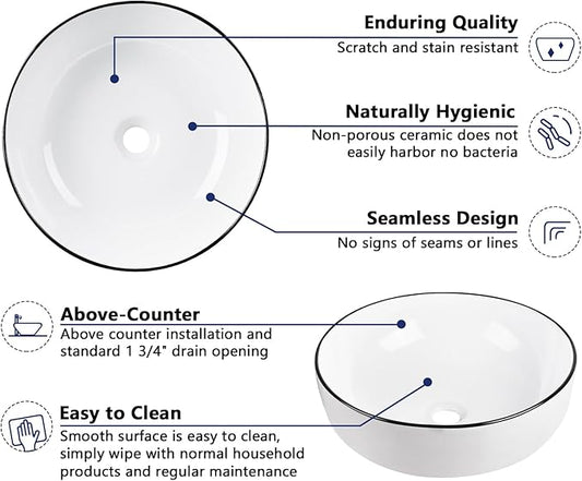DeerValley 16'' Round Vessel Sink, Bathroom Sinks Above Counter White Ceramic Bathroom Vessel Sinks, Porcelain Sink Bowl for Bathroom, White Body with Black Trim Vanity Sink Basin DV-1V0030