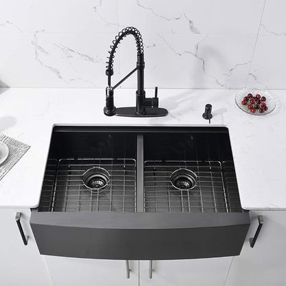 33 Inch Black Double Bowl Farmhouse Sink Workstation, 16 Gauge Stainless Steel 50/50 Double Bowl Kitchen Sink, 33x22 Farmhouse Apron Front Low Divided Farm Sink