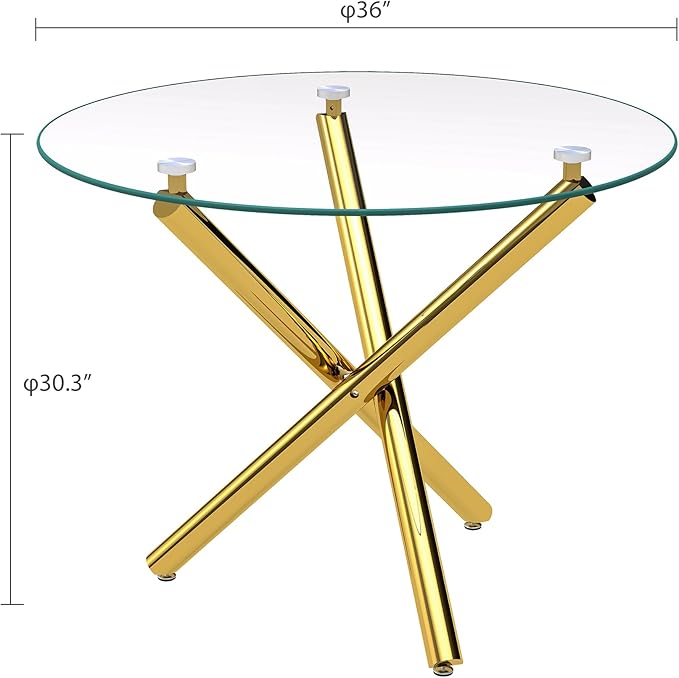Pvillez 36“ Round Dining Table for 4, Contemporary Tempered Glass Dining Table, Small Dinner Table with Gold Cross Metal Base, Round Clear Kitchen Table Writing Desk for Dining Kitchen