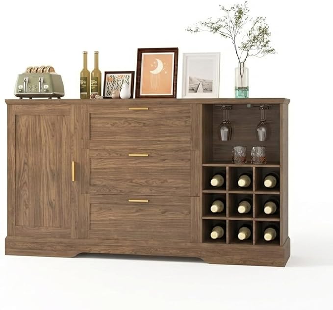 GarveeHome 63 Inch Farmhouse Sideboard Buffet with Drawer Adjustable Shelves,Kitchen Island with Door-Back Rack for Snacks,Coffee Bar Buffet with Wine Racks Storage for Kitchen Entryway Rustic Walnut
