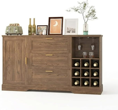 GarveeHome 63 Inch Farmhouse Sideboard Buffet with Drawer Adjustable Shelves,Kitchen Island with Door-Back Rack for Snacks,Coffee Bar Buffet with Wine Racks Storage for Kitchen Entryway Rustic Walnut