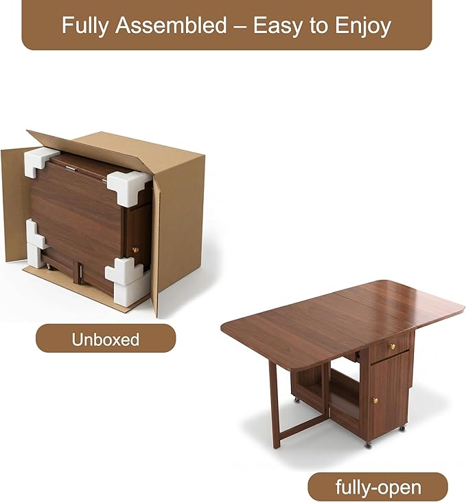 Small Drop Leaf Table - 59" Fully Assembled Folding Dining Table 4-6 Seater with Storage and Lockable Wheels, Space-Saving for Kitchen or Dining Room (Walnut)