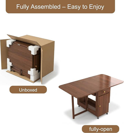 Folding Dining Table and Chairs - 51" Fully Assembled Drop Leaf Table 4-6 Seater with Storage and Lockable Wheels, Space-Saving Set with 8 Chairs for Kitchen or Dining Room (Walnut)