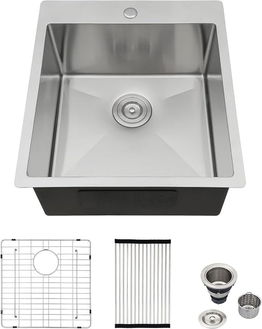 Logmey 18x18 Square Drop in Bar Sink,16 Gauge Stainless Steel Handmade Small Kitchen Sink Single Bowl,RV & Outdoor Compact Bar Prep Sink for Camper,Patio & Small Kitchen 18x18x9