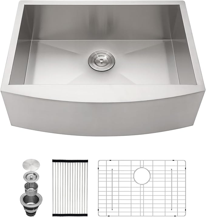 Kichae Stainless Steel Farmhouse Apron Front Single Bowl Kitchen Sink - 27 Inch, 16 Gauge, Round Corner Basin