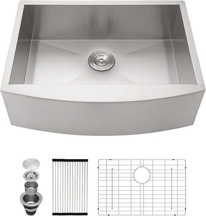 Kichae Stainless Steel Farmhouse Apron Front Single Bowl Kitchen Sink - 27 Inch, 16 Gauge, Round Corner Basin