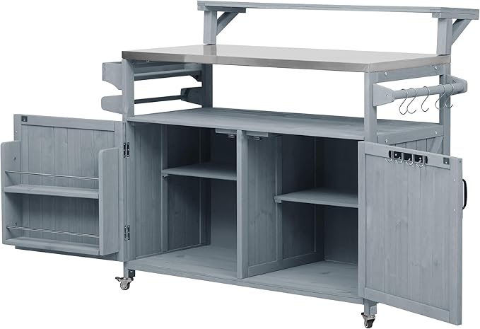 YOPTO 53.3" Outdoor Kitchen Island with Raised Shelf,Solid Wood Grill Cart,Stainless Steel Top,Adjustable Shelf,Spice Rack,Lockable Wheels,Grey Blue