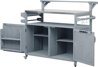 YOPTO 53.3" Outdoor Kitchen Island with Raised Shelf,Solid Wood Grill Cart,Stainless Steel Top,Adjustable Shelf,Spice Rack,Lockable Wheels,Grey Blue