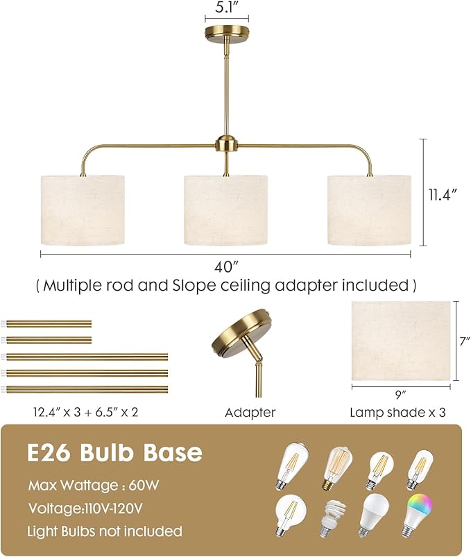 3 Light Gold Linear Chandelier with Linen Beige Drum Shades,Modern Pendant Light Fixture for Kitchen Island,Dining Room,Living Room,Mid-Century Ceiling Light Fixture,Adjustable Height Island Light