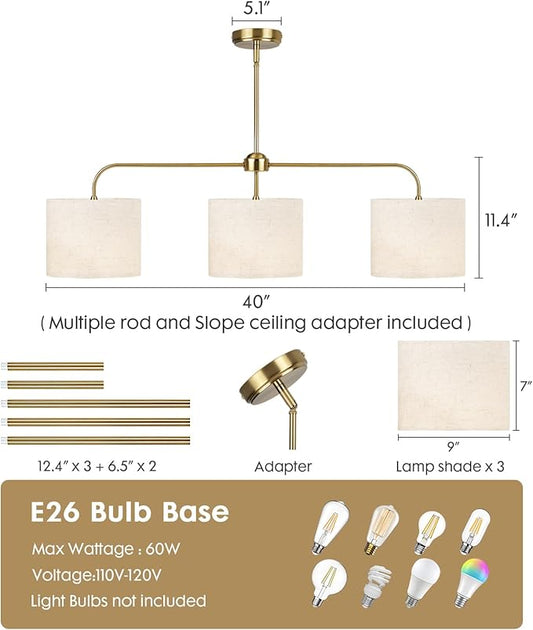 3 Light Gold Linear Chandelier with Linen Beige Drum Shades,Modern Pendant Light Fixture for Kitchen Island,Dining Room,Living Room,Mid-Century Ceiling Light Fixture,Adjustable Height Island Light