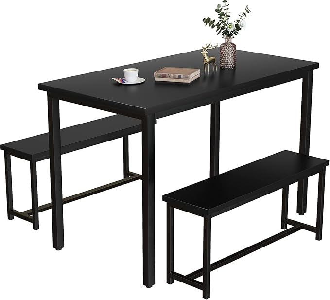 Recaceik 47” Dining Table Set for 4, 3-Piece Kitchen Table with 2 Benches, Wood Kitchen Table and Chair Set, Space-Saving Dining Room Set Dinette Set for Breakfast Nook and Small Space, Black