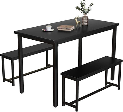 Recaceik 47” Dining Table Set for 4, 3-Piece Kitchen Table with 2 Benches, Wood Kitchen Table and Chair Set, Space-Saving Dining Room Set Dinette Set for Breakfast Nook and Small Space, Black
