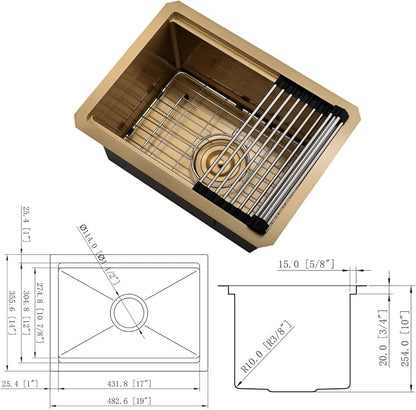 Gold Bar Sink Undermount Workstation-Bokaiya 14x19 Inch Gold Kitchen Sink Undermount Wet Bar Sink 16 Gauge Single Bowl Stainless Steel Workstation Bar Sinks with Cutting Board