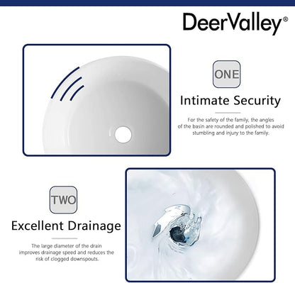 DeerValley DV-1V063 Symmetry White Circular Bowl Bathroom Vessel Sink and Modern Above Counter Porcelain Ceramic Vessel Vanity Sink Art Basin 16"x16"- Round