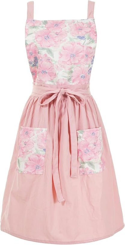 Pinknoke Vintage Pinafore Apron Dress for Women with Pockets Cute Floral Chef Aprons for Kitchen Cooking Baking Gardening