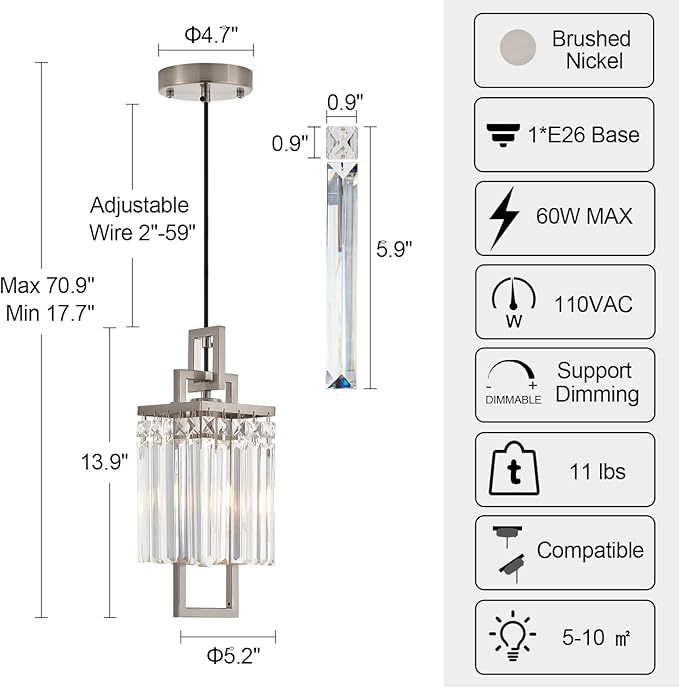Modern Brushed Nickel Pendant Light Fixture for Kitchen Island and Dining Room, Industrial Small Hanging Crystal Chandelier Light Fixture for Bedroom Entryway Living room Foyer Hallway 3-Pack