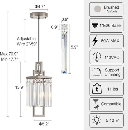 Modern Brushed Nickel Pendant Light Fixture for Kitchen Island and Dining Room, Industrial Small Hanging Crystal Chandelier Light Fixture for Bedroom Entryway Living room Foyer Hallway 3-Pack