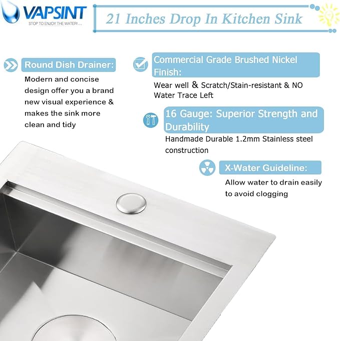 21x20 Inch Drop In Kitchen Sink Workstation - VAPSINT 21 Inch Topmount Kitchen & Bar Sink 16 Gauge Stainless Steel Handmade Single Bowl Small Kitchen Sinks for RV Wet Prep with Accessories