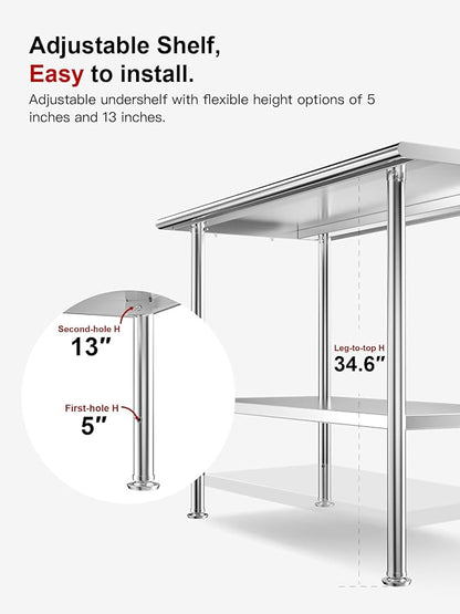 Atelicf All-Stainless Steel Prep Table, 30 X 36 Inch, with Rounded-Edges and Adjustable Undershelf, Heavy-Duty Build for Outdoor Use,Restaurants,Hotels,Workshops,Kitchens,Gardens, and Garages