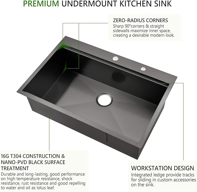 33 Inch Black Drop In Kitchen Sink, Swift Horse 33x22 Inch 16-Gauge Black Stainless Steel Single Bowl Workstation Kitchen Sinks with Accessories for Kitchen Remodel