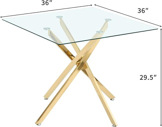 Glass Dining Table,36'' Square Dining Kitchen Table,Modern X-Design Dining Room Table with Gold Metal Base for Dining Room