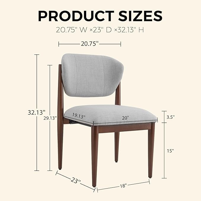 Casaphoria Dining Chairs Set of 2, Solid Walnut Wood Legs Upholstered Kitchen Chairs, Mid Century Modern Ergonomic Curved Back Accent Chair for Dining Room, Home Office and Vanity, Gray