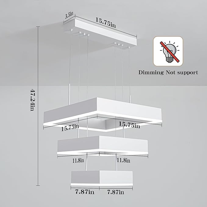 O'NEELDY Modern Chandelier White Pendant Lights Square LED Dining Room Light Fixture Height Adjustable Kitchen Island Lighting 3 Rings Flush Mount Chandeliers for Living Room,Bedroom,Dining Table