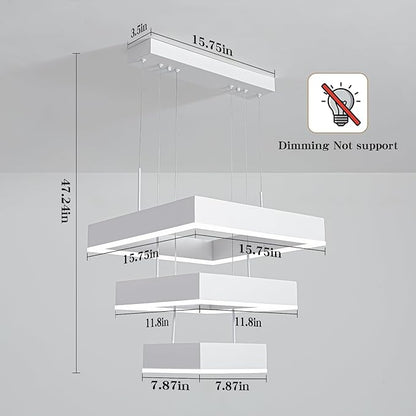 O'NEELDY Modern Chandelier White Pendant Lights Square LED Dining Room Light Fixture Height Adjustable Kitchen Island Lighting 3 Rings Flush Mount Chandeliers for Living Room,Bedroom,Dining Table