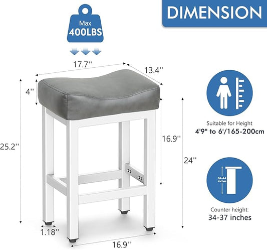 Raynesys Counter Height Bar Stools Set of 3, 24 Inch Barstools for Kitchen Island Counter, Bonded Leather Kitchen Stools with Thick Saddle Seats & Heavy Duty Metal Base, Easy Assembly, Gray/White