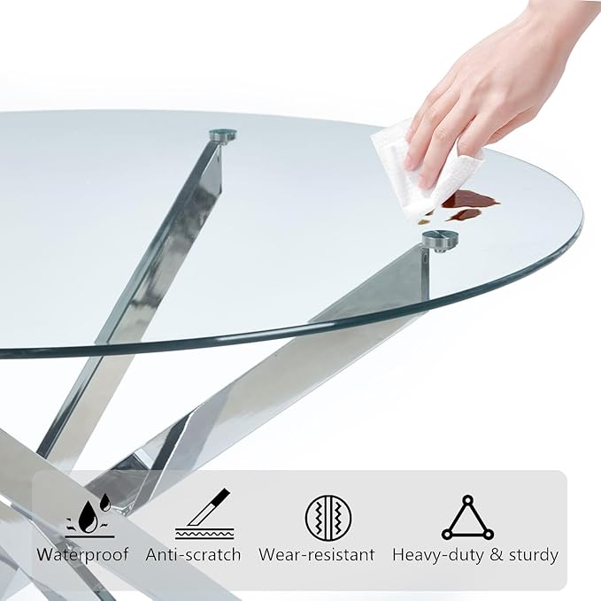 35.43'' Round Glass Dining Table,Modern Kitchen Table for 2-4 People,Dining Room Table with Tempered Glass Top and Metal Legs for Kitchen Apartment