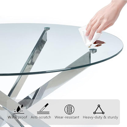 35.43'' Round Glass Dining Table,Modern Kitchen Table for 2-4 People,Dining Room Table with Tempered Glass Top and Metal Legs for Kitchen Apartment