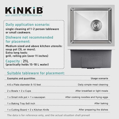 Bar Sink, KINKIB 13 x 15 x 8 inch Undermount Bar Sink or Prep Kitchen Sink, Handmade Kitchen Sink Single Bowl T-304 Stainless Steel Small Sink with Strainer