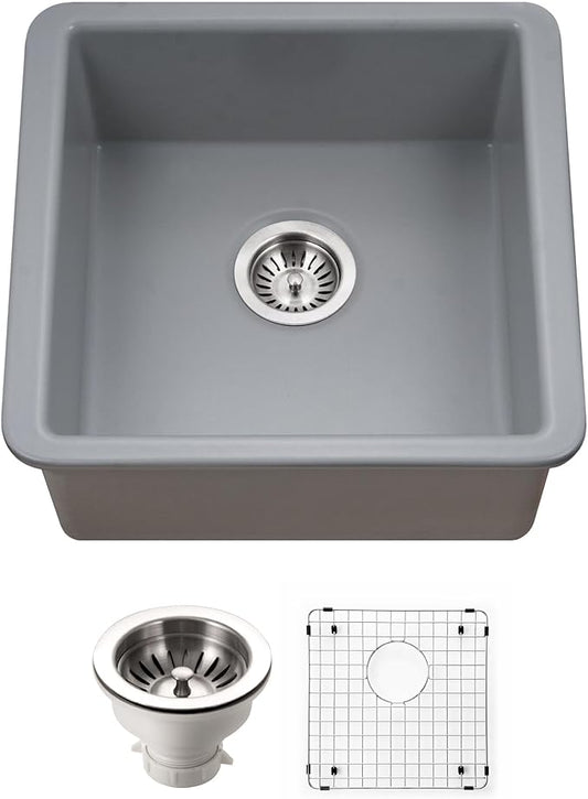 Houzer Platus Gray Fireclay Kitchen Sink for Bar & Prep - 20 Inch Undermount Square Single Bowl Bar Sink with Strainer & Grid, Durable & Versatile, Essential for Home & Apartment - PTB-2020 GR-C