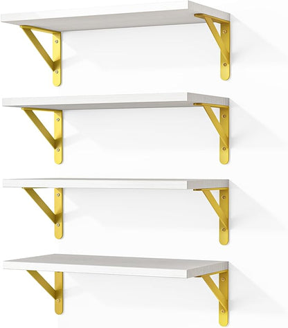 Fixwal White Shelves, Wood Wall Floating Mounted Shelves for Bedroom, Bathroom, Living Room, Kitchen Storage and Decor(White, Set of 4, 16.5 Inch)
