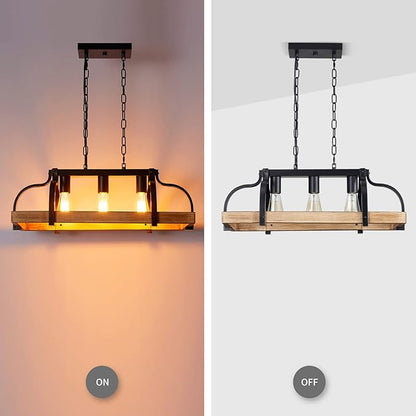 WUZUPS 3-Light Metal Pot Hanging Rack Chandelier Imitation Light Wood Grain Linear Pendant Ceiling Lighting Rustic Farmhouse Fixture Kitchen Island Dining Room, H 9.8" L 24.8" W11.8, E26 Base, Black