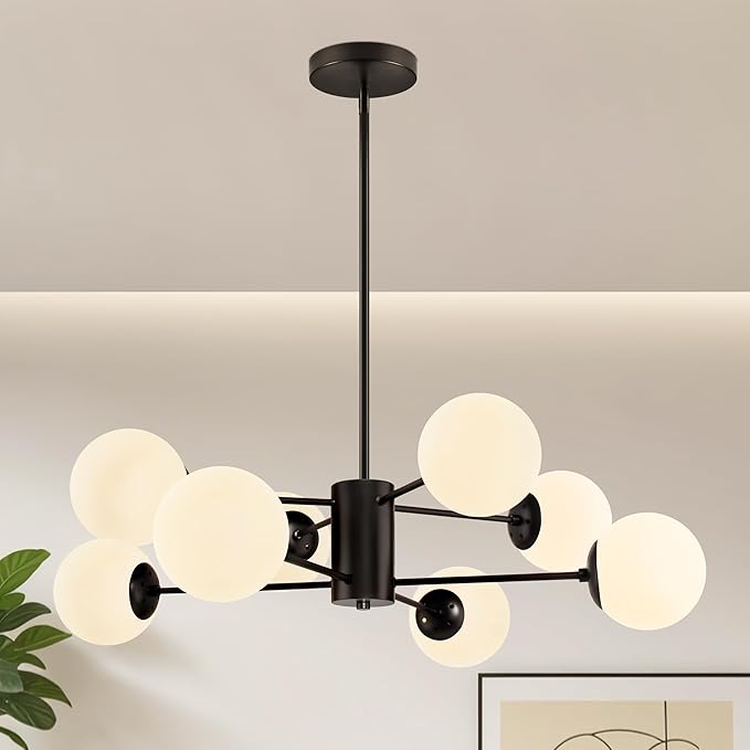 Bagood 8-Light Globe Sputnik Chandelier Black Mid Century Modern Light Fixture Matte Black Finished with White Frosted Globe Glass Lampshade Sputnik Chandeliers for Dining Room Bedroom Kitchen Island